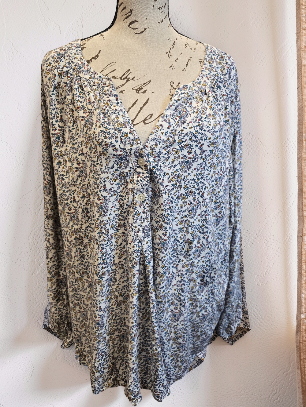 Old Navy Floral Henley Blouse XXL Cream Blue Boho Peasant Top